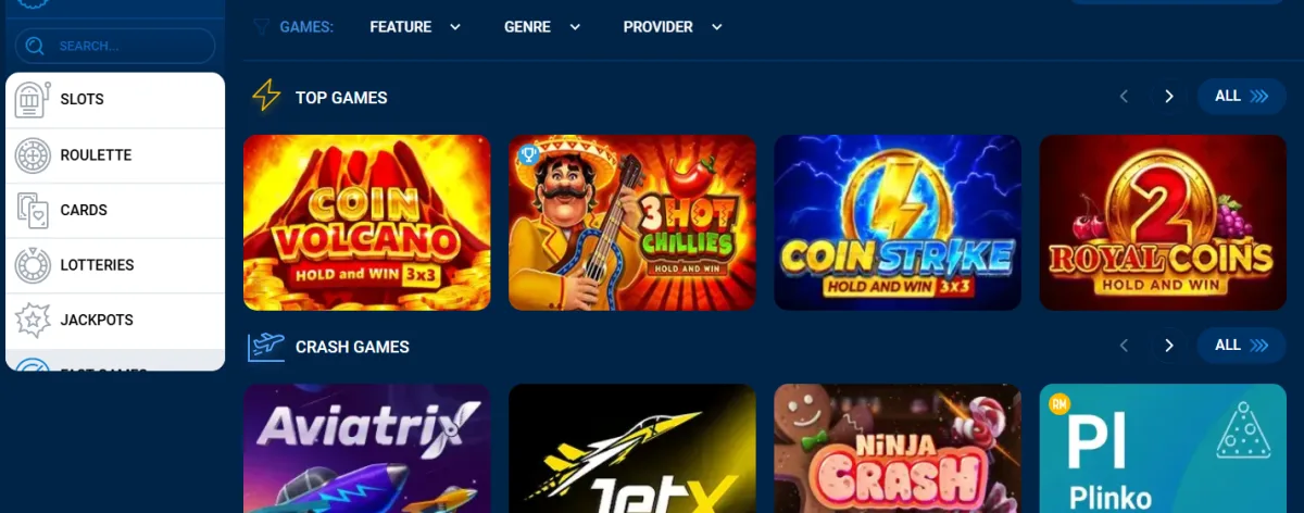 Uspořádání lobby Mostbet casina: kategorie her v levém sloupci, filtry a sekce Top games
