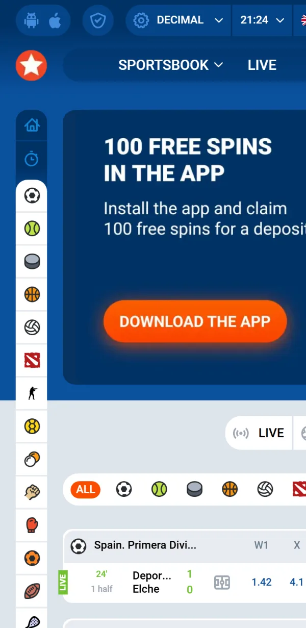 Mobilní verze webu Mostbet s live zápasy a nabídkou aplikace