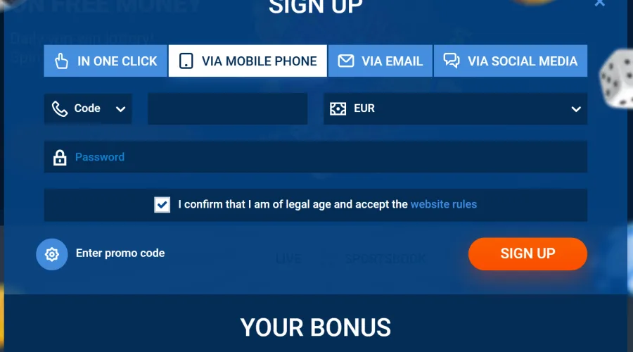 Registrační formulář Mostbet s registrací přes telefonní číslo