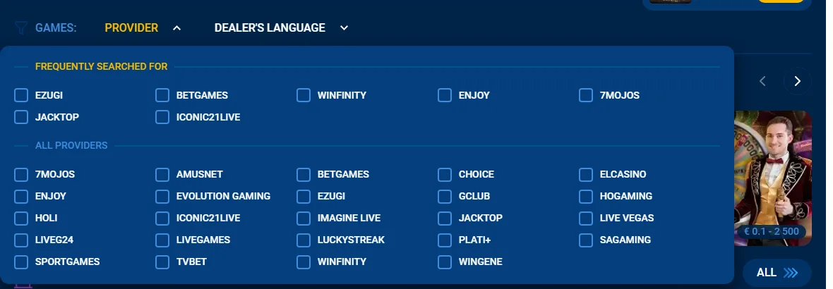 Filtr poskytovatelů živého casina Mostbet: Evolution Gaming, Ezugi a Imagine Live