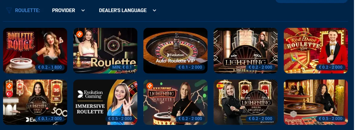 Živé rulety Mostbet se sázkovými limity uvedenými u každého stolu